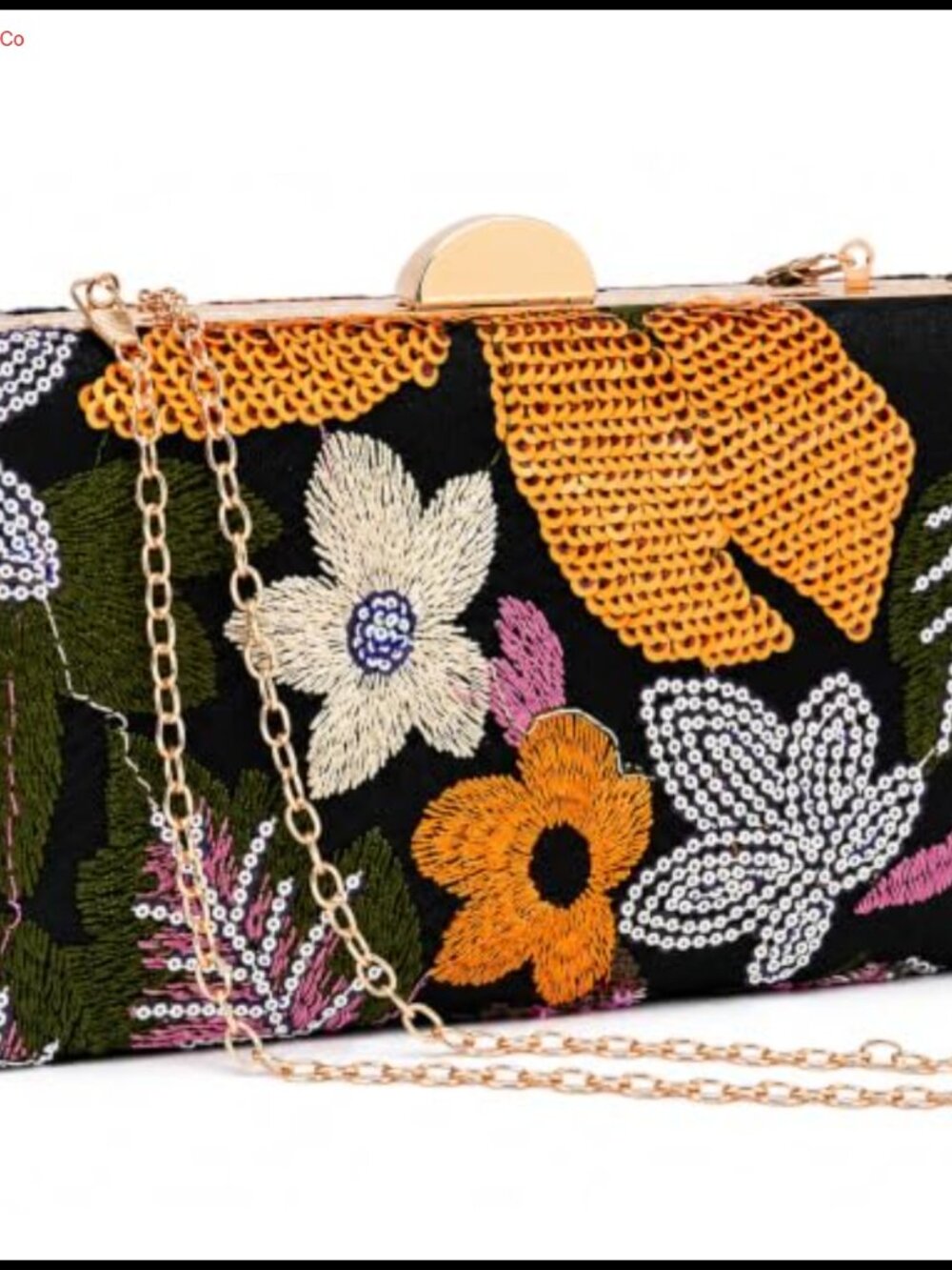 Floral Embroidered Sequin Evening Clutch with Chain Strap